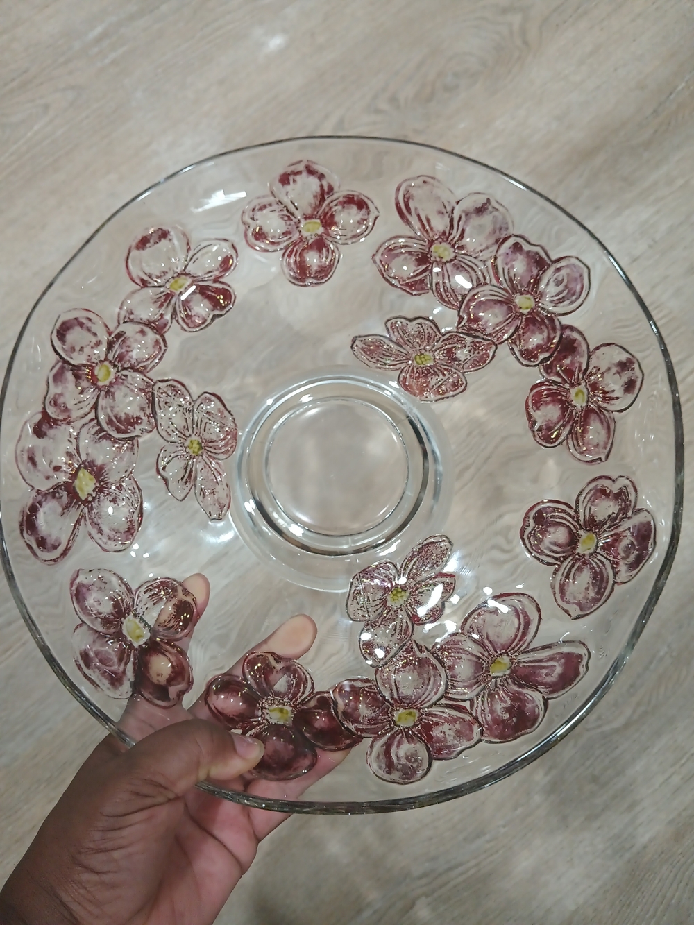 Clear Glass Flower Serving Bowl with Pink Floral Accents